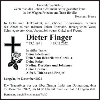 Traueranzeige von Dieter Finger  von Magdeburger Volksstimme