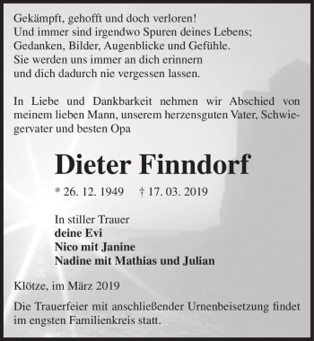 Traueranzeige von Dieter Finndorf  von Magdeburger Volksstimme