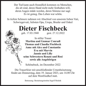 Traueranzeige von Dieter Fischbeck  von Magdeburger Volksstimme