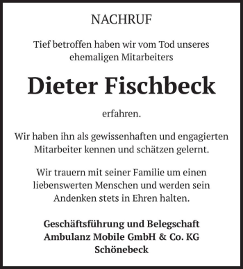 Traueranzeige von Dieter Fischbeck  von Magdeburger Volksstimme