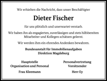 Traueranzeige von Dieter Fischer  von Magdeburger Volksstimme
