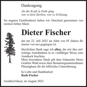 Traueranzeige von Dieter Fischer  von Magdeburger Volksstimme