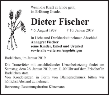 Traueranzeige von Dieter Fischer  von Magdeburger Volksstimme