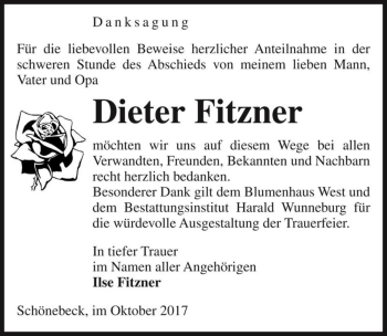 Traueranzeige von Dieter Fitzner  von Magdeburger Volksstimme