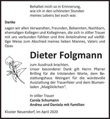 Traueranzeige von Dieter Folgmann  von Magdeburger Volksstimme