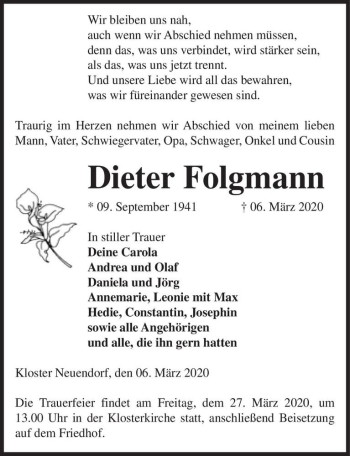 Traueranzeige von Dieter Folgmann  von Magdeburger Volksstimme