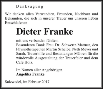 Traueranzeige von Dieter Franke  von Magdeburger Volksstimme