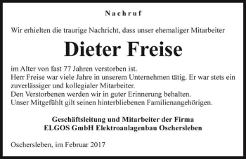 Traueranzeige von Dieter Freise  von Magdeburger Volksstimme