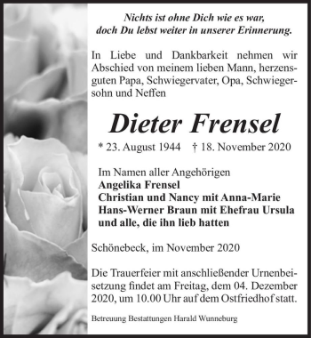 Traueranzeige von Dieter Frensel  von Magdeburger Volksstimme