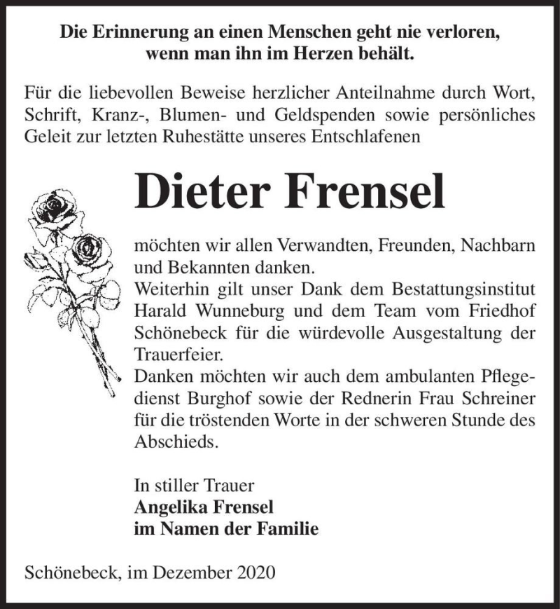  Traueranzeige für Dieter Frensel  vom 12.12.2020 aus Magdeburger Volksstimme