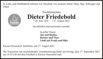 Traueranzeige von Dieter Friedebold  von Magdeburger Volksstimme
