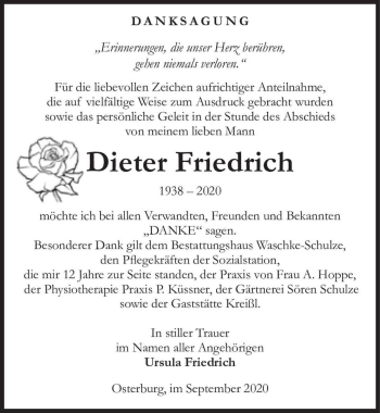 Traueranzeige von Dieter Friedrich  von Magdeburger Volksstimme