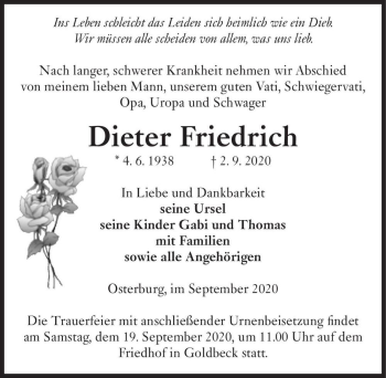 Traueranzeige von Dieter Friedrich  von Magdeburger Volksstimme