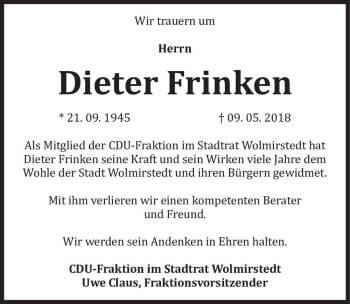 Traueranzeige von Dieter Frinken  von Magdeburger Volksstimme