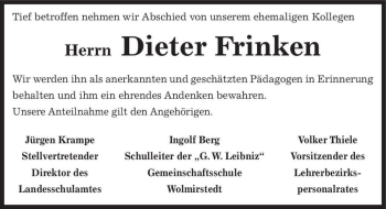 Traueranzeige von Dieter Frinken  von Magdeburger Volksstimme