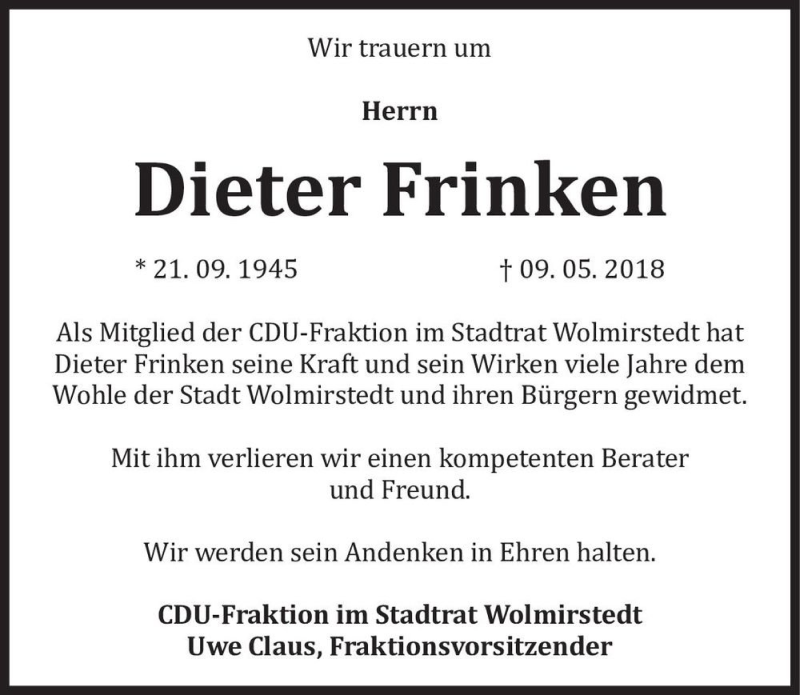  Traueranzeige für Dieter Frinken  vom 26.05.2018 aus Magdeburger Volksstimme