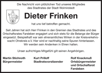 Traueranzeige von Dieter Frinken  von Magdeburger Volksstimme