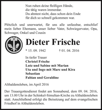 Traueranzeige von Dieter Frische  von Magdeburger Volksstimme