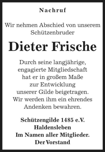 Traueranzeige von Dieter Frische  von Magdeburger Volksstimme