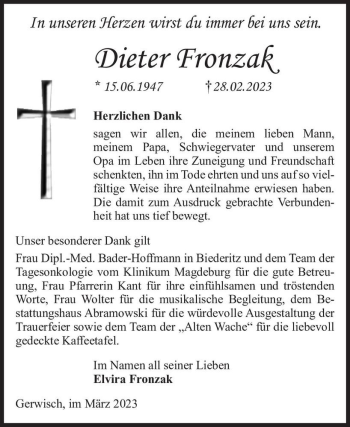 Traueranzeige von Dieter Fronzak  von Magdeburger Volksstimme