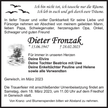Traueranzeige von Dieter Fronzak  von Magdeburger Volksstimme