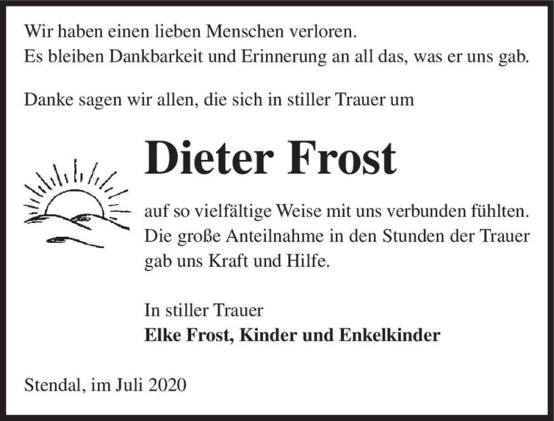  Traueranzeige für Dieter Frost  vom 10.07.2020 aus Magdeburger Volksstimme