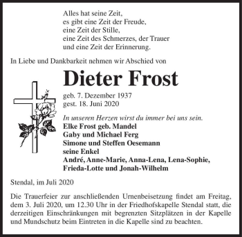 Traueranzeige von Dieter Frost  von Magdeburger Volksstimme
