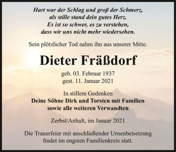 Traueranzeige von Dieter Fräßdorf  von Magdeburger Volksstimme