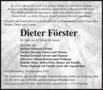 Traueranzeige von Dieter Förster  von Magdeburger Volksstimme