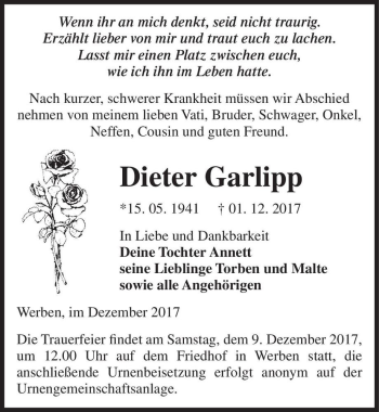 Traueranzeige von Dieter Garlipp  von Magdeburger Volksstimme