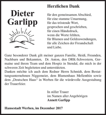 Traueranzeige von Dieter Garlipp  von Magdeburger Volksstimme