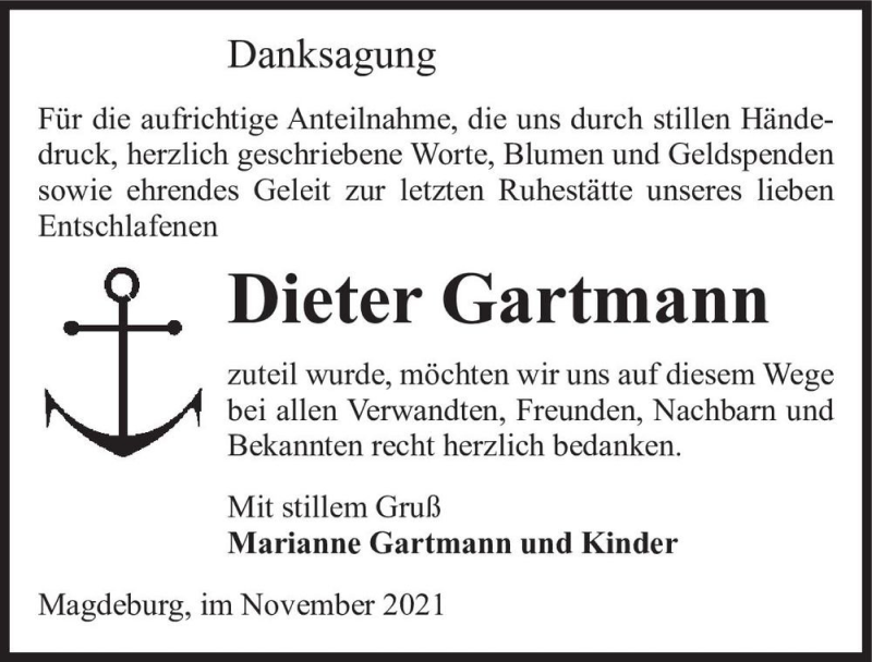  Traueranzeige für Dieter Gartmann  vom 20.11.2021 aus Magdeburger Volksstimme