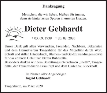 Traueranzeige von Dieter Gebhardt  von Magdeburger Volksstimme