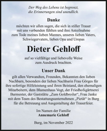 Traueranzeige von Dieter Gehloff  von Magdeburger Volksstimme