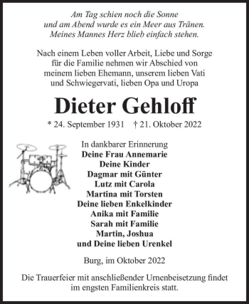 Traueranzeige von Dieter Gehloff  von Magdeburger Volksstimme