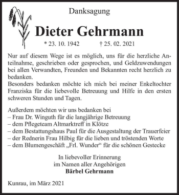 Traueranzeige von Dieter Gehrmann  von Magdeburger Volksstimme