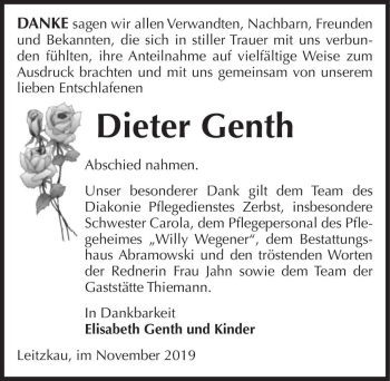 Traueranzeige von Dieter Genth  von Magdeburger Volksstimme