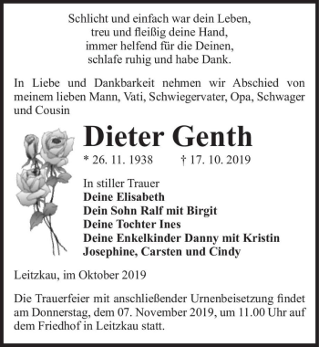 Traueranzeige von Dieter Genth  von Magdeburger Volksstimme