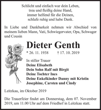 Traueranzeige von Dieter Genth  von Magdeburger Volksstimme