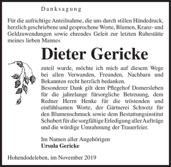 Traueranzeige von Dieter Gericke  von Magdeburger Volksstimme