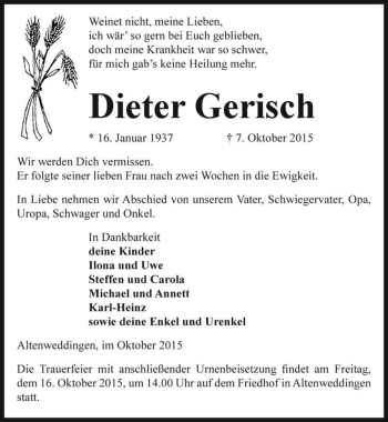 Traueranzeige von Dieter Gerisch  von Magdeburger Volksstimme