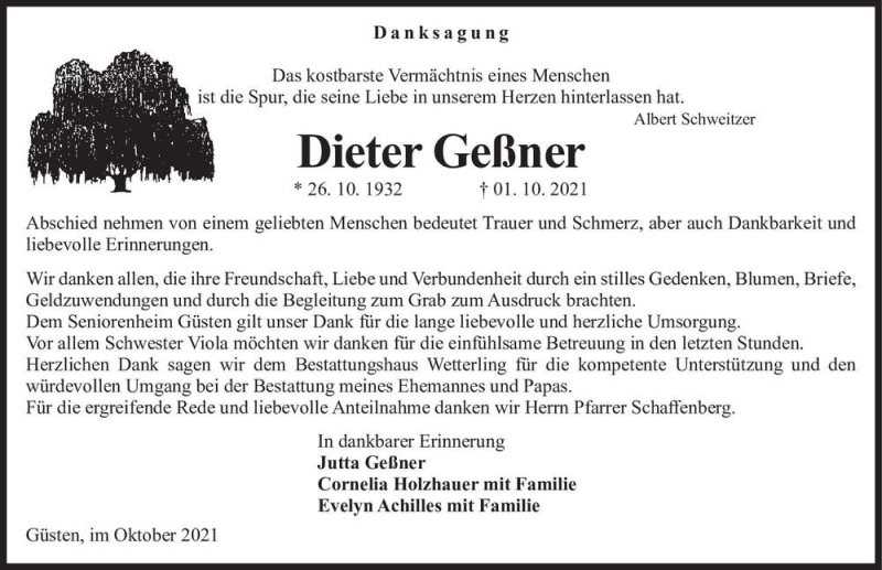  Traueranzeige für Dieter Geßner  vom 30.10.2021 aus Magdeburger Volksstimme