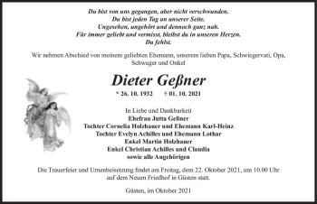 Traueranzeige von Dieter Geßner  von Magdeburger Volksstimme