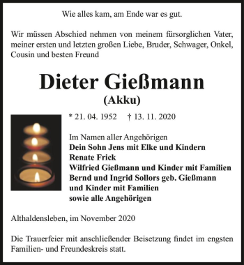 Traueranzeige von Dieter Gießmann 
