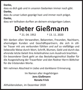 Traueranzeige von Dieter Gießmann  von Magdeburger Volksstimme