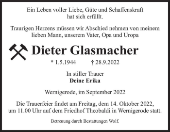 Traueranzeige von Dieter Glasmacher  von Magdeburger Volksstimme