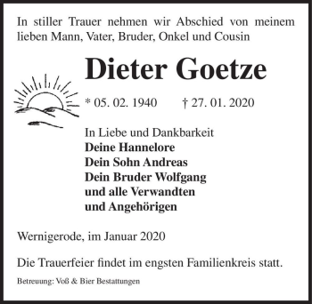 Traueranzeige von Dieter Goetze  von Magdeburger Volksstimme