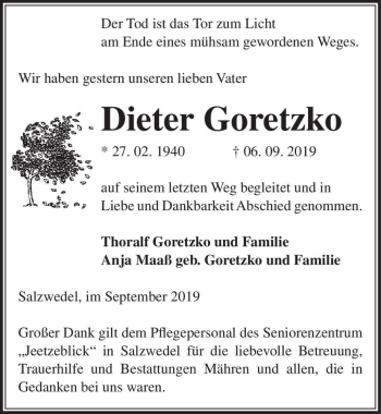 Traueranzeige von Dieter Gortzko  von Magdeburger Volksstimme