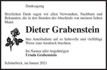 Traueranzeige von Dieter Grabenstein  von Magdeburger Volksstimme