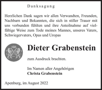 Traueranzeige von Dieter Grabenstein  von Magdeburger Volksstimme